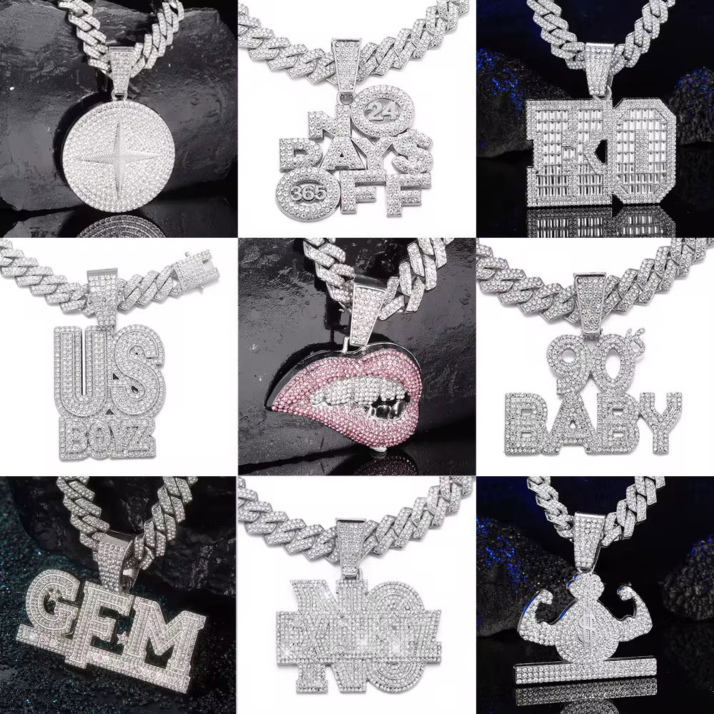 Factory Wholesale HipHop Iced Out High Quality Fashion Letter Pendant Rap Cuban Chain Necklace Set Jewelry Sets New Year Gift_3