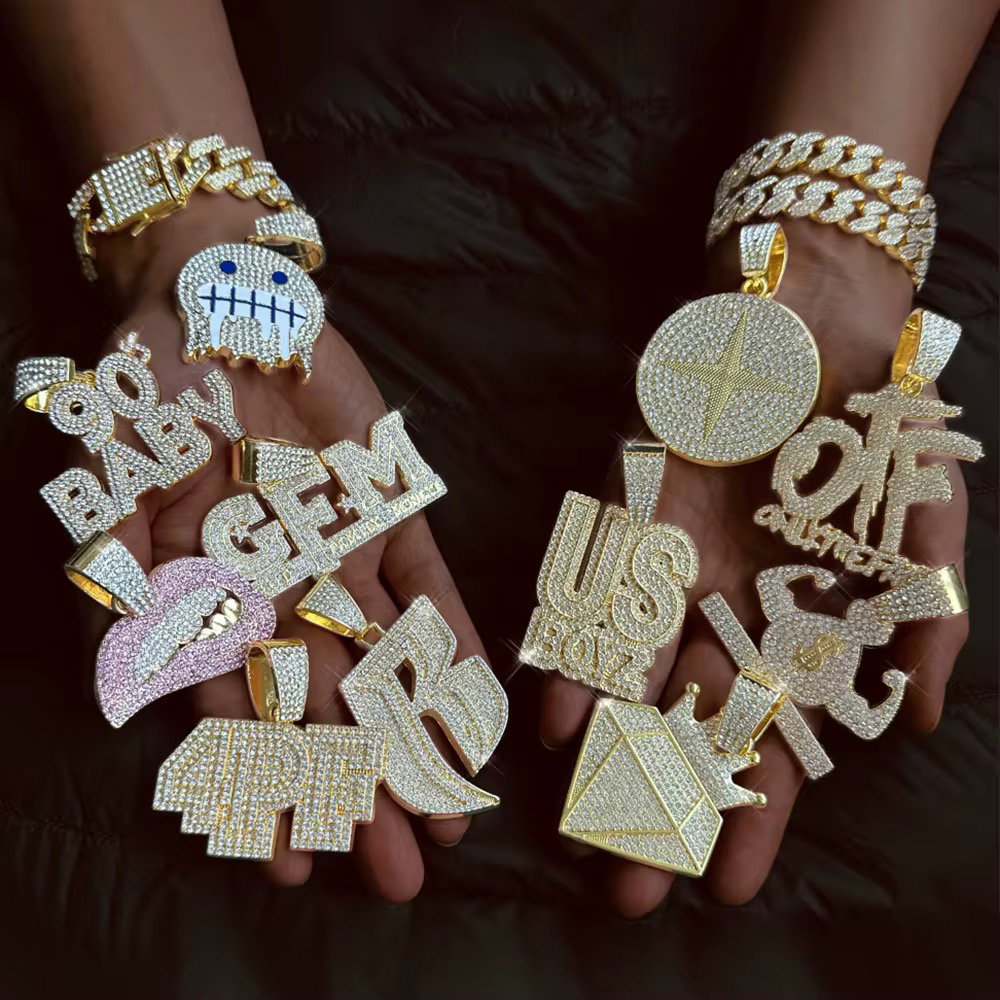 Factory Wholesale HipHop Iced Out High Quality Fashion Letter Pendant Rap Cuban Chain Necklace Set Jewelry Sets New Year Gift_2