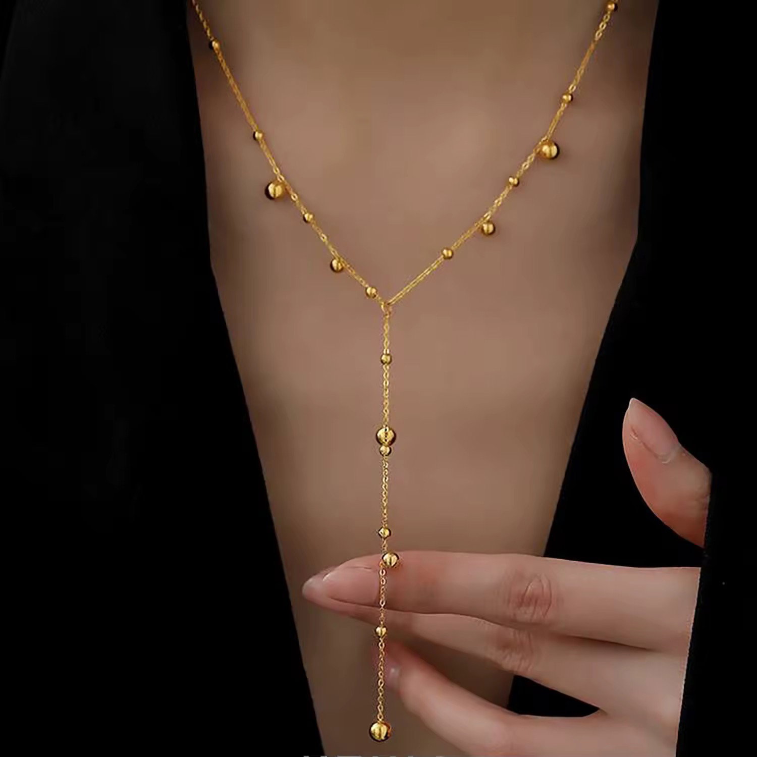 Long Tassel Women Ball Chain Necklace Stainless Steel 18k Gold Plated Minimalist Euramerican Necklaces Jewelry_0
