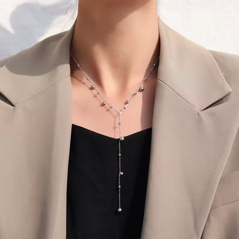Long Tassel Women Ball Chain Necklace Stainless Steel 18k Gold Plated Minimalist Euramerican Necklaces Jewelry_3