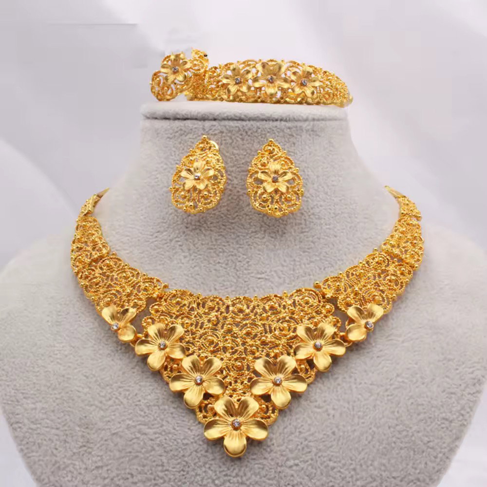 Dubai Gold Jewellery Sets African Bridal Necklace Earring Ring Bracelet Saudi Arabia Women Wedding Jewelry Set_3