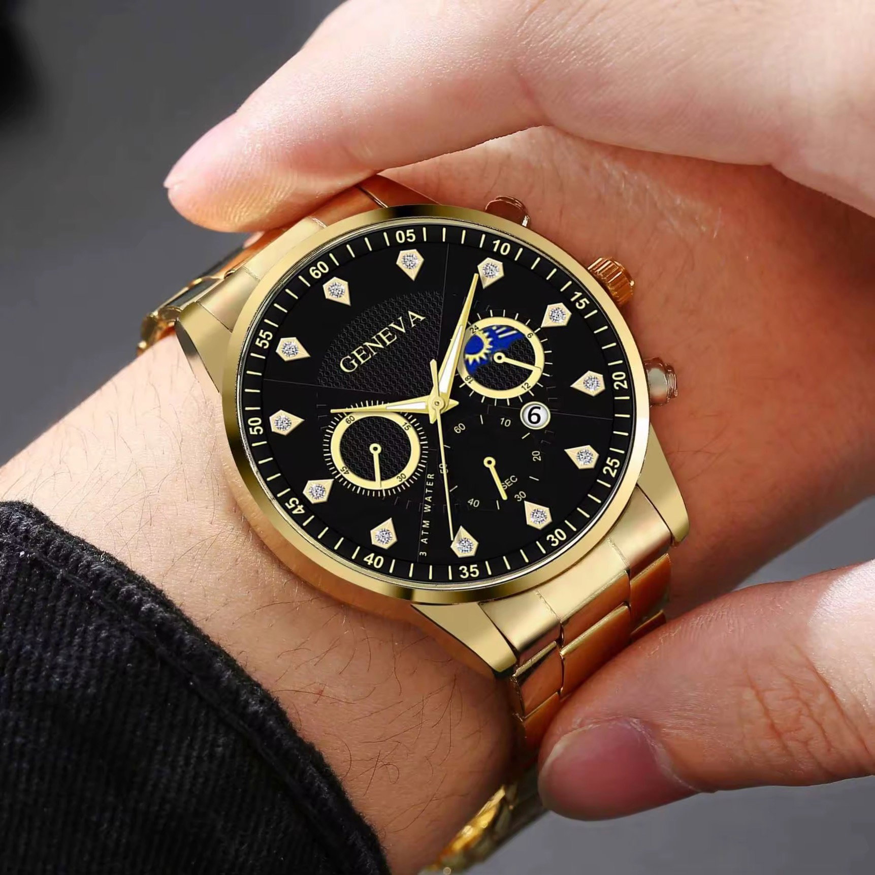 Y902 Latest Diamond Watch and Chain Set for Men Date Gold 2pcs Steel Luxury Men's Business Watches & Bracelet_3