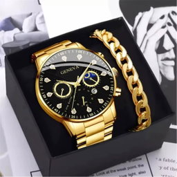Y902 Latest Diamond Watch and Chain Set for Men Date Gold 2pcs Steel Luxury Men's Business Watches & Bracelet