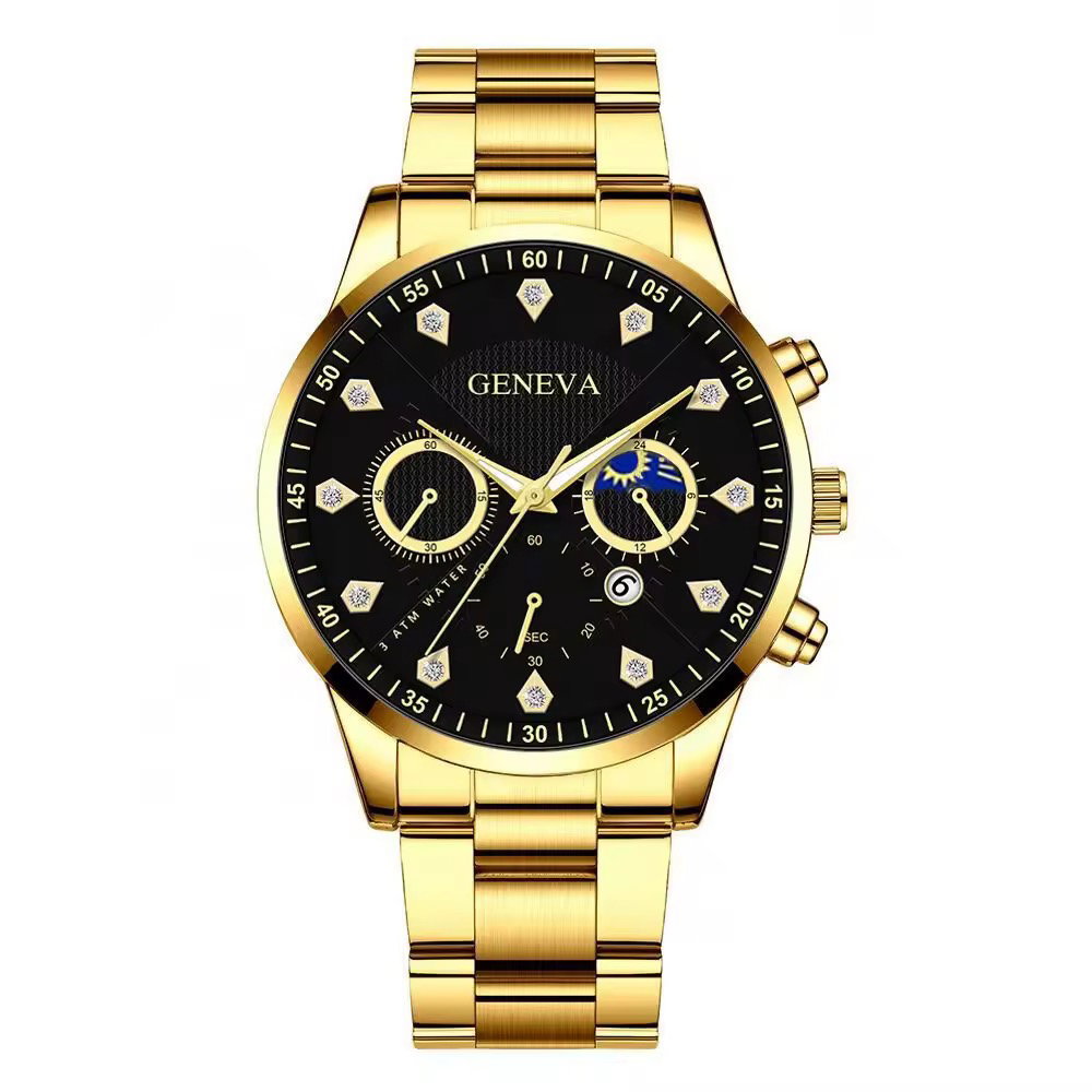 Y902 Latest Diamond Watch and Chain Set for Men Date Gold 2pcs Steel Luxury Men's Business Watches & Bracelet_4