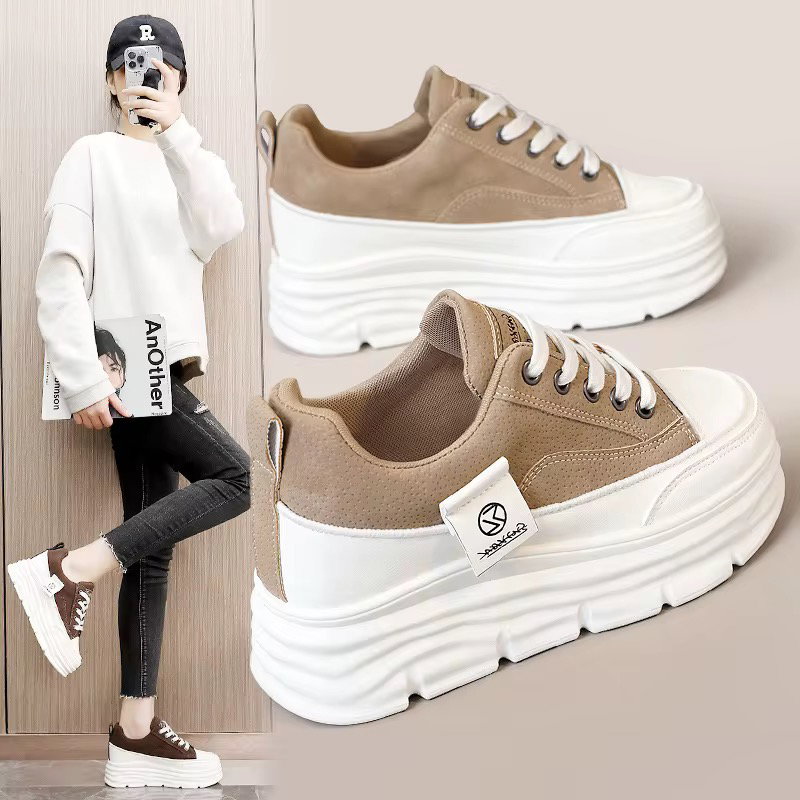 W3677 Color Blocked Women's Shoes Autumn Height Increasing Thick Sole Wear-Resistant Versatile Student Breathable Board Shoes_0