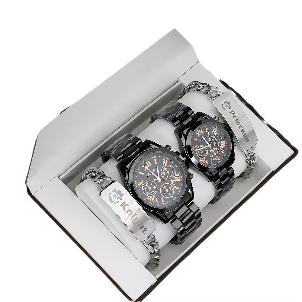 Beautiful Couple Watch Gift Set Black Watch High Quality Stainless Steel Bracelet Creative Gift Quartz Watch for Men and Women_3