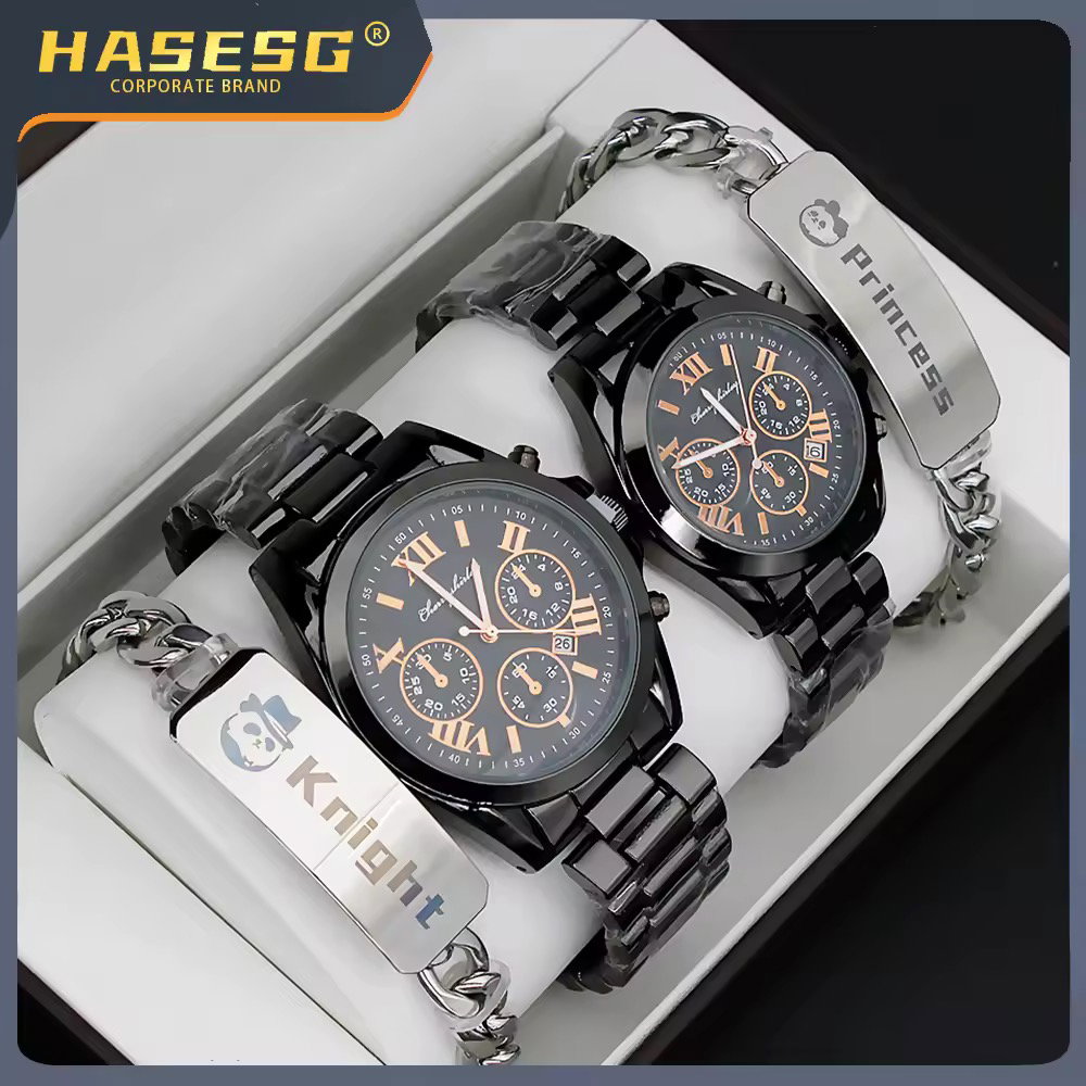 Beautiful Couple Watch Gift Set Black Watch High Quality Stainless Steel Bracelet Creative Gift Quartz Watch for Men and Women_0