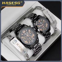 Beautiful Couple Watch Gift Set Black Watch High Quality Stainless Steel Bracelet Creative Gift Quartz Watch for Men and Women