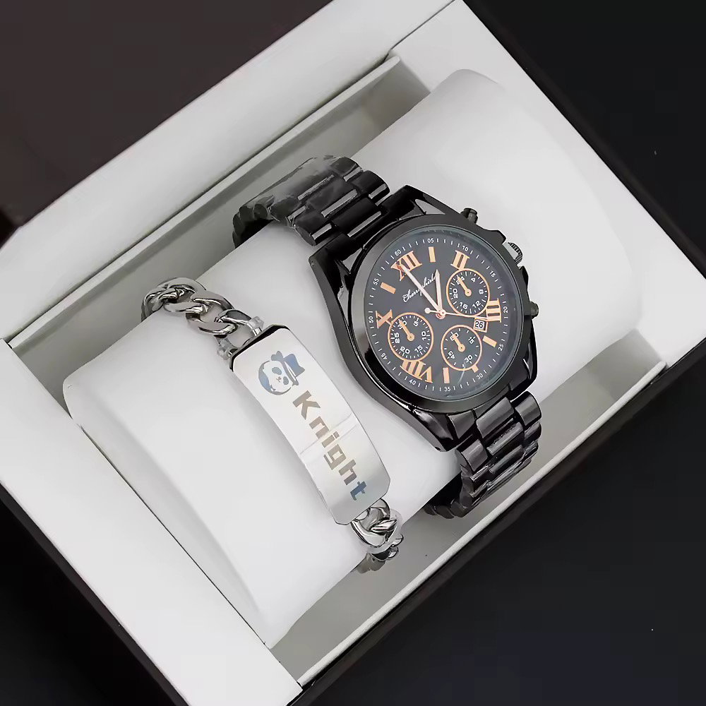 Beautiful Couple Watch Gift Set Black Watch High Quality Stainless Steel Bracelet Creative Gift Quartz Watch for Men and Women_1