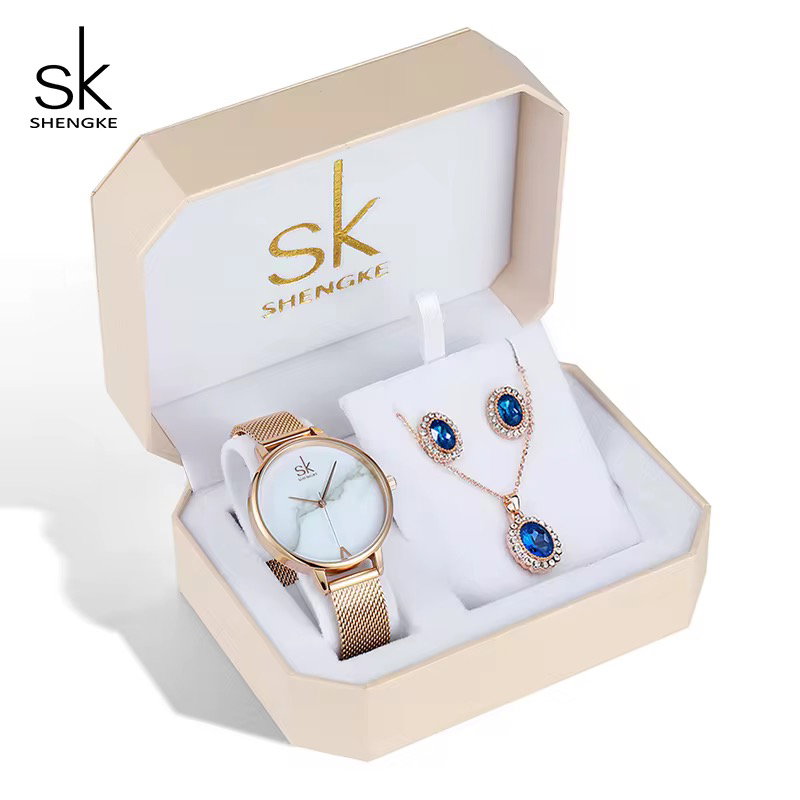 SHENGKE Luxury Jewelry Watches Bracelets Earring Necklace Jewelry Watch Gift Set Box with Blue Accessories_0