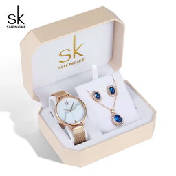 SHENGKE Luxury Jewelry Watches Bracelets Earring Necklace Jewelry Watch Gift Set Box with Blue Accessories