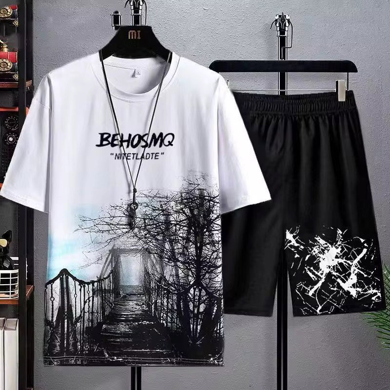 Men's Summer T-shirt Suit Casual Thin Print Sports Jogger Short Sleeve Top Shorts 2 Piece US Men One Outfit Sportswear 2Pcs Set_2