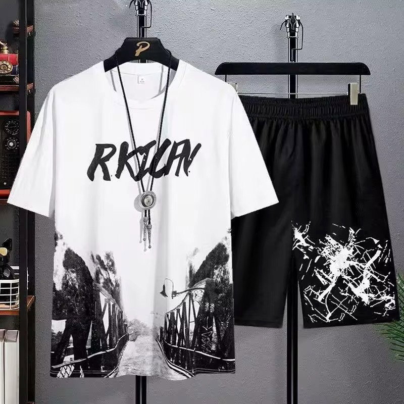 Men's Summer T-shirt Suit Casual Thin Print Sports Jogger Short Sleeve Top Shorts 2 Piece US Men One Outfit Sportswear 2Pcs Set_4