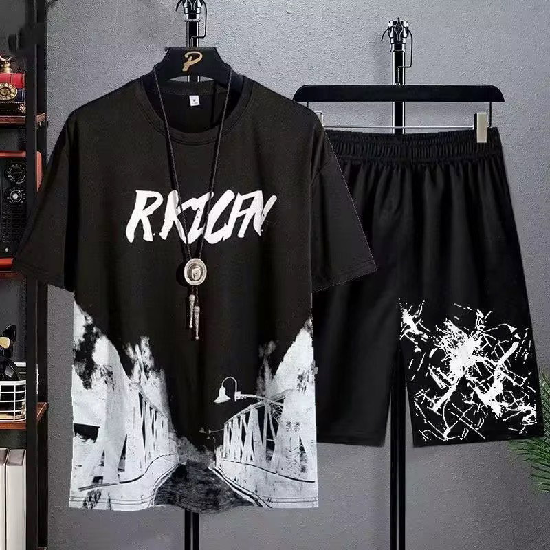 Men's Summer T-shirt Suit Casual Thin Print Sports Jogger Short Sleeve Top Shorts 2 Piece US Men One Outfit Sportswear 2Pcs Set_1