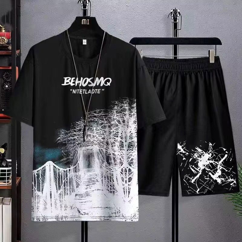 Men's Summer T-shirt Suit Casual Thin Print Sports Jogger Short Sleeve Top Shorts 2 Piece US Men One Outfit Sportswear 2Pcs Set_3