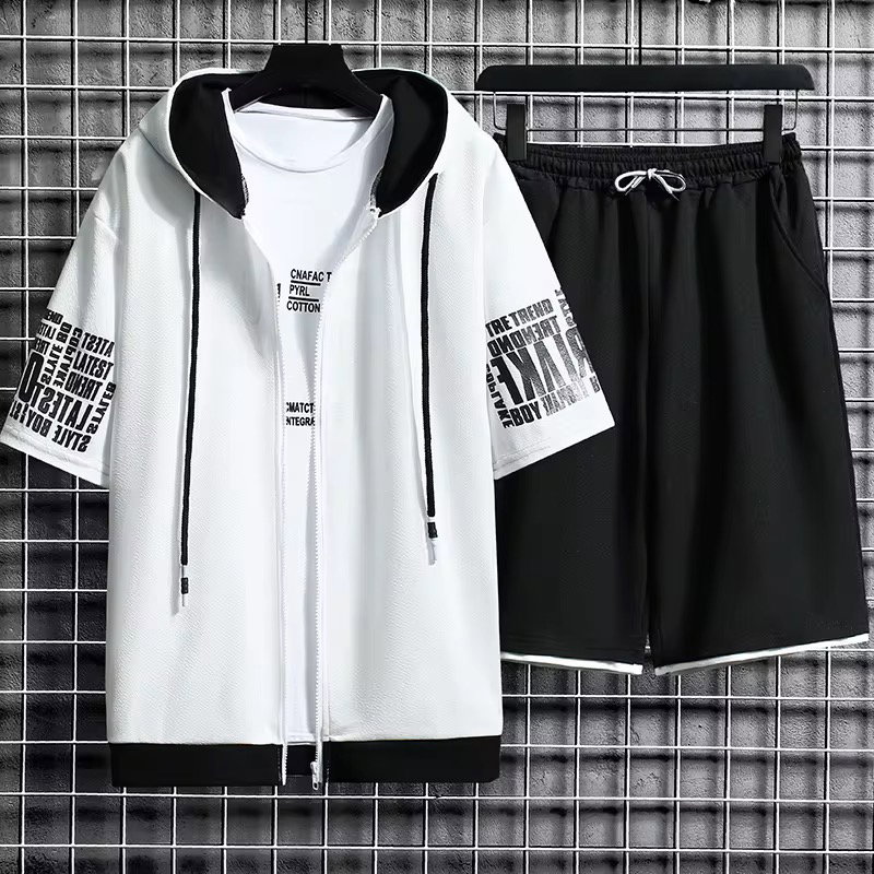 2025 Summer New Hooded Casual Loose Sports Top Shorts Two-piece Set Men's Cardigan Sweatshirt Set