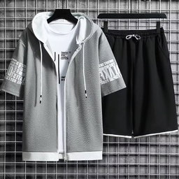 2025 Summer New Hooded Casual Loose Sports Top Shorts Two-piece Set Men's Cardigan Sweatshirt Set