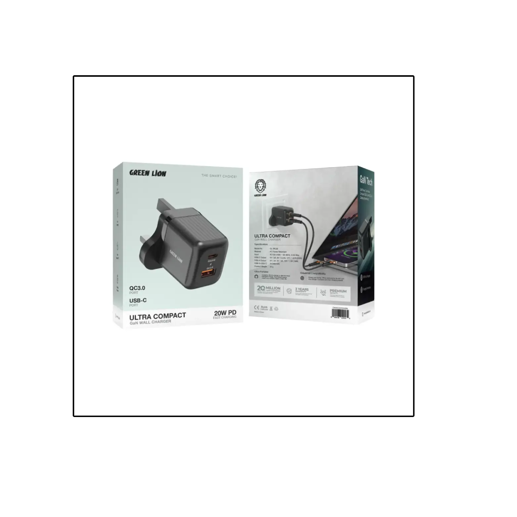 Green Lion Ultra Compact GaN Wall Charger UK Pin A+C PD 20W + QC3.0 - Black_0