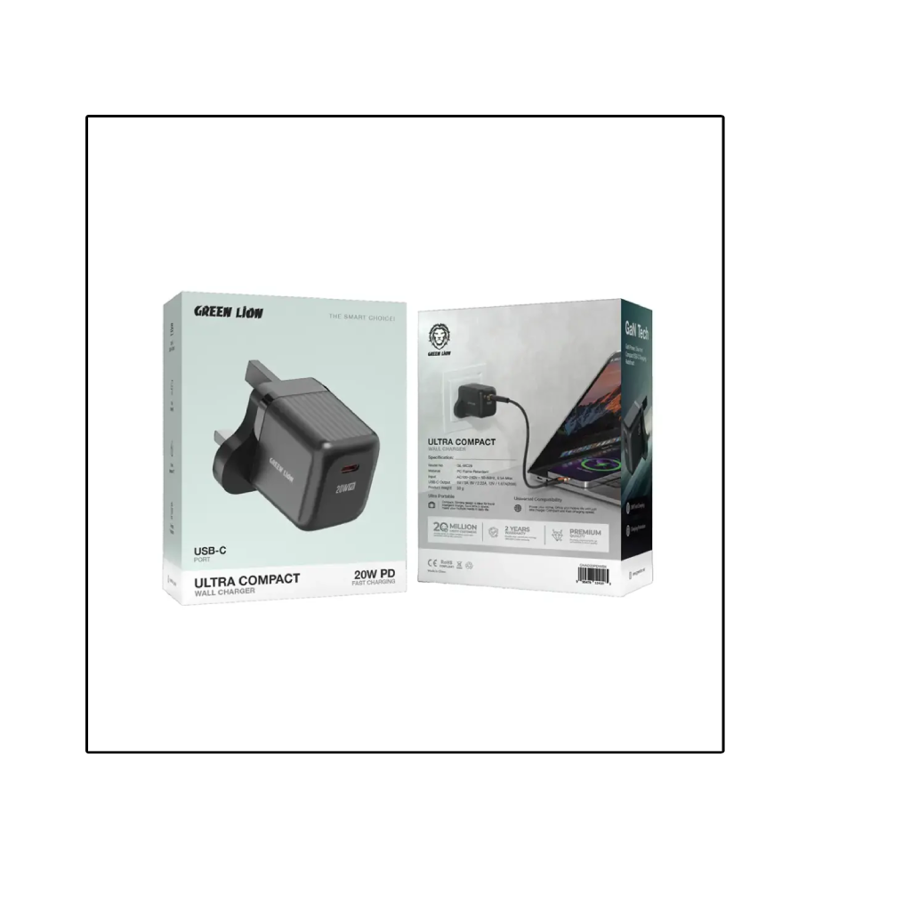 Green Lion Ultra Compact GaN Wall Charger UK Pin USB-C PD 20W - Black_0