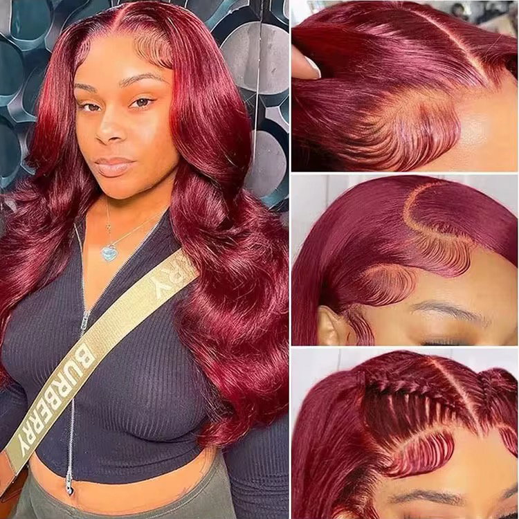 XuChang Factory Human Hair Wigs Wholesale Body Wave 99J Color 13X4 Lace Front Wig With Baby Hair_3