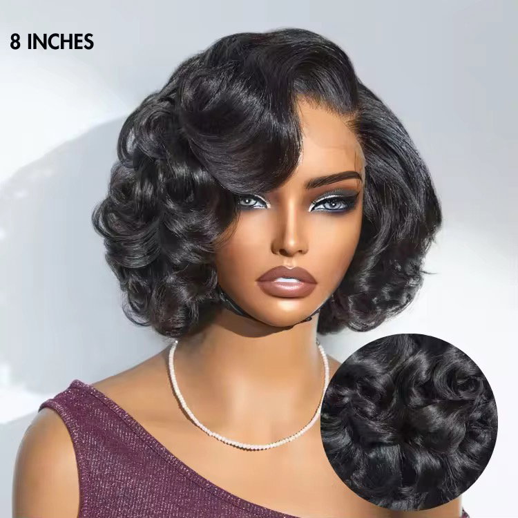 Natural Black Short Curly Indian Hair Wigs, Ready to Go Loose Wave Glueless Minimalist 4x4 Lace Short Bob Wig for Women_0