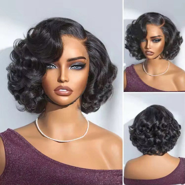 Natural Black Short Curly Indian Hair Wigs, Ready to Go Loose Wave Glueless Minimalist 4x4 Lace Short Bob Wig for Women_1