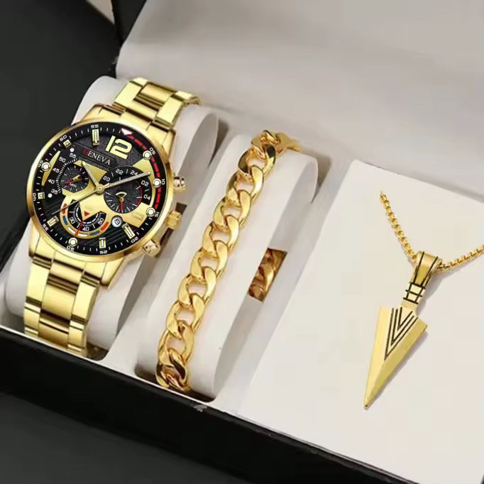 Wholesale Alloy Fashion Stainless Steel Quartz Watch Bracelet Jewelry Set Classic Gold Geneva Watches Set for Men_1