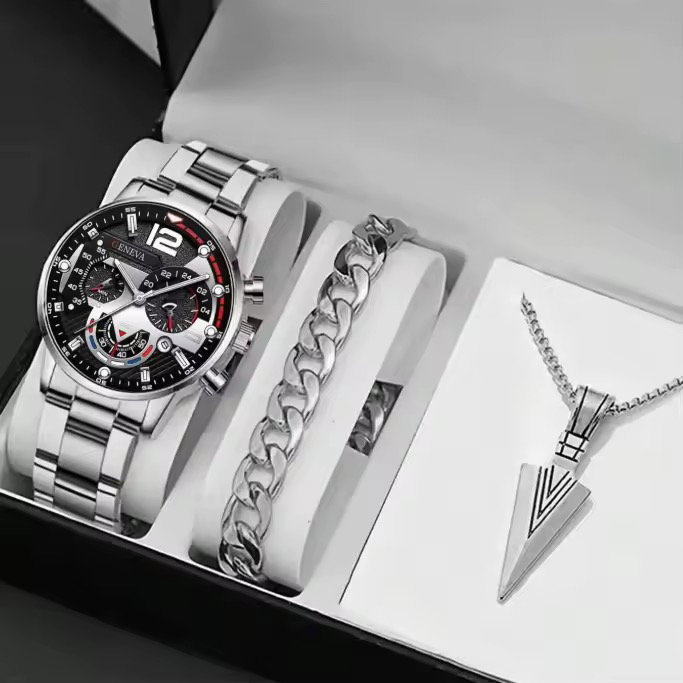 Wholesale Alloy Fashion Stainless Steel Quartz Watch Bracelet Jewelry Set Classic Gold Geneva Watches Set for Men