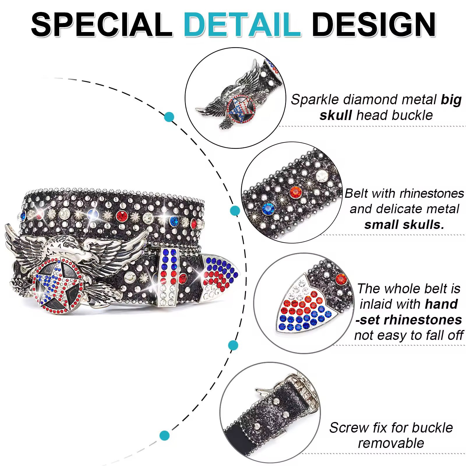 Fashion Blingbling Skull Accessories Western Men Women Rhinestone Bb Belt Cowboy and Cowgirl Waist Diamond Belt_2