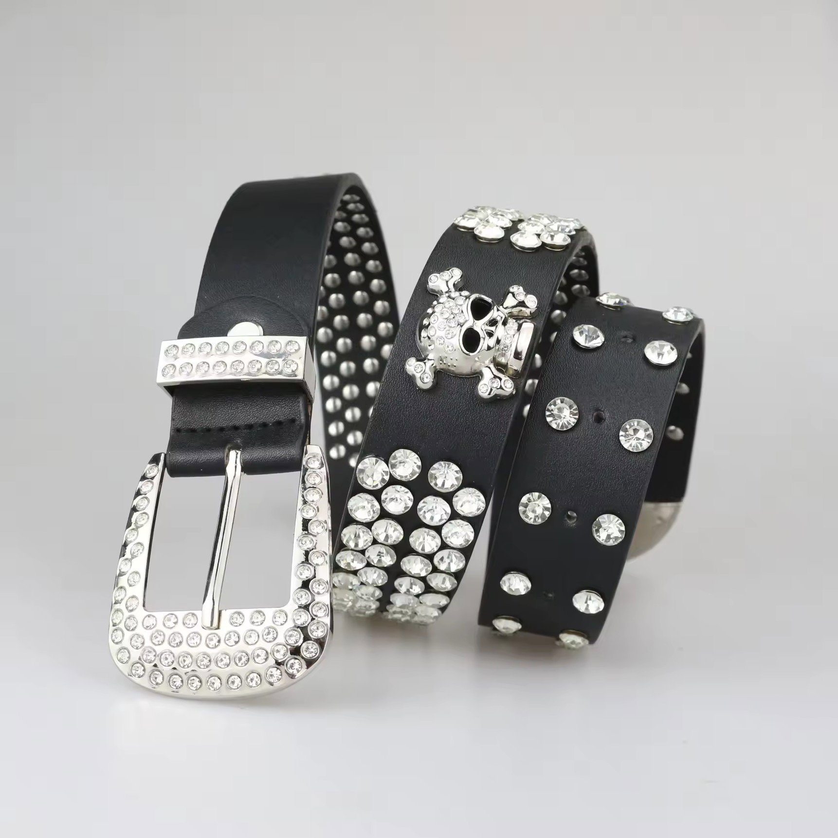 Custom Designer Bling Bling Western Bo Simon Belt Cowboy Skull Diamond Pu Leather Rivet Rhinestone Belts for Men Women_0