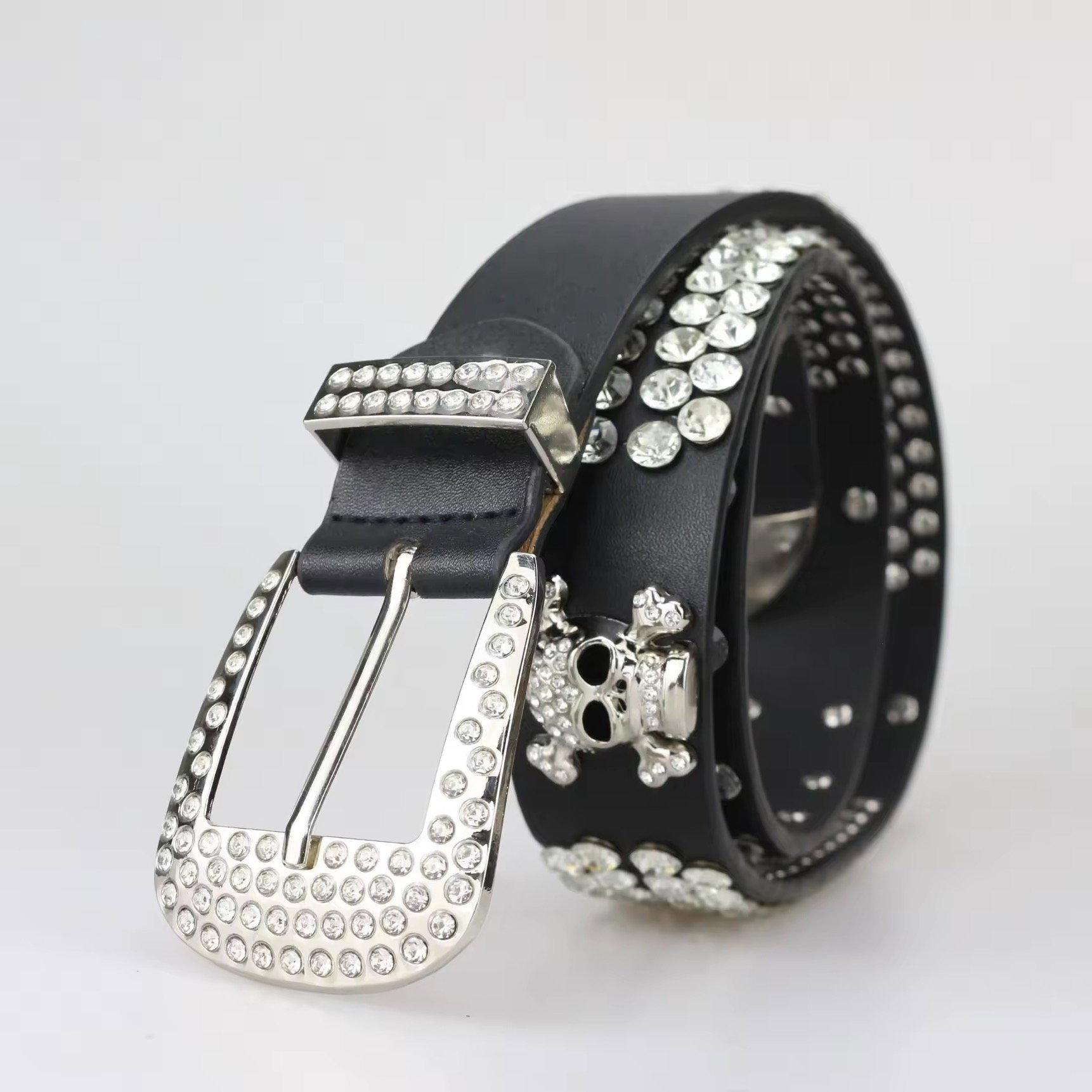 Custom Designer Bling Bling Western Bo Simon Belt Cowboy Skull Diamond Pu Leather Rivet Rhinestone Belts for Men Women_2