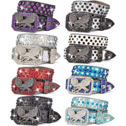 2024 New Retro Metal for Buckle Design Punk Crystal Eagle Belt with Diamond Fashion Cowboy Rhinestone Western Leather Belt