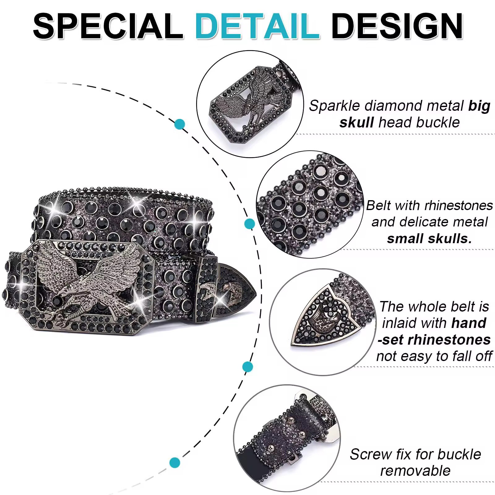 2024 New Retro Metal for Buckle Design Punk Crystal Eagle Belt with Diamond Fashion Cowboy Rhinestone Western Leather Belt_5