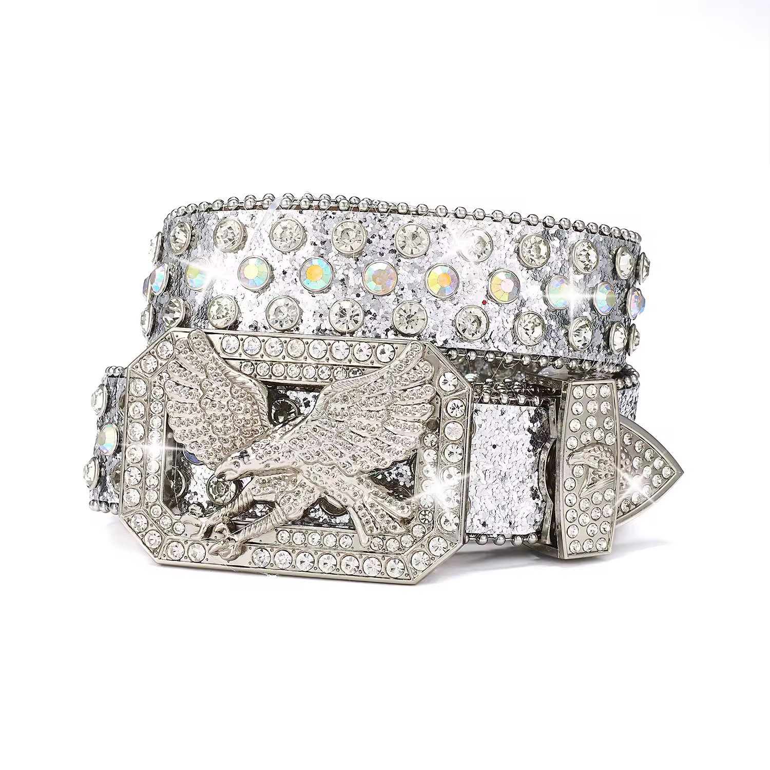 2024 New Retro Metal for Buckle Design Punk Crystal Eagle Belt with Diamond Fashion Cowboy Rhinestone Western Leather Belt_2