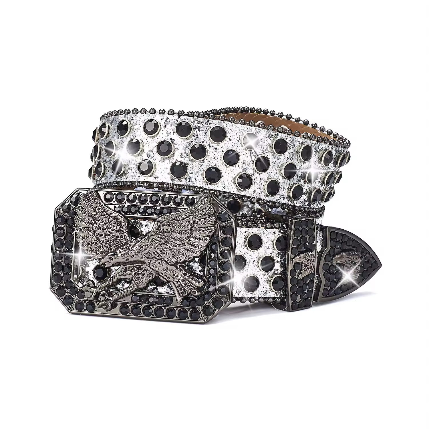 2024 New Retro Metal for Buckle Design Punk Crystal Eagle Belt with Diamond Fashion Cowboy Rhinestone Western Leather Belt_0