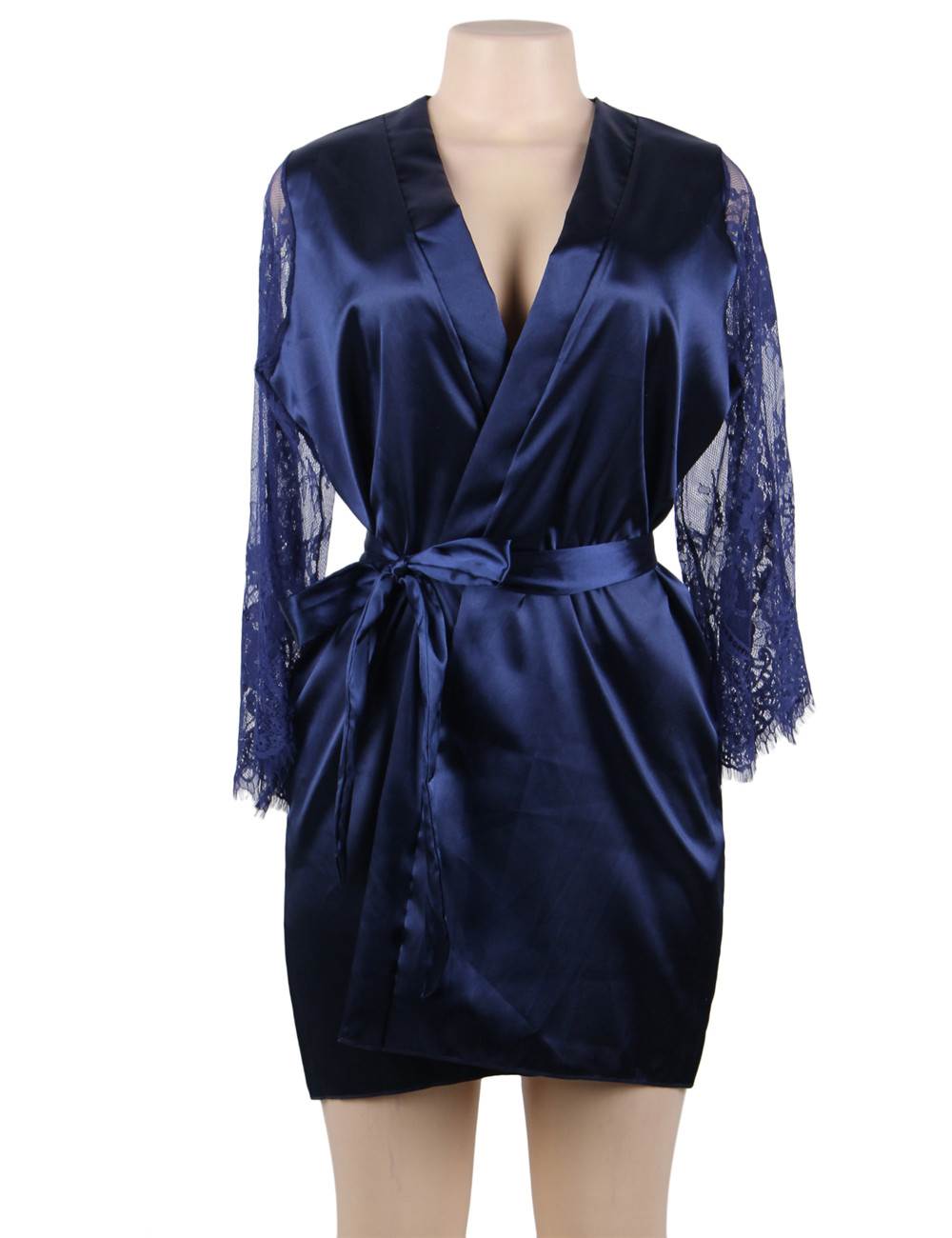 Eyelash Lace Silk Long Sleeves Sleepwear with G String Blue_2