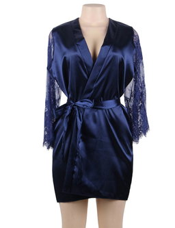 Eyelash Lace Silk Long Sleeves Sleepwear with G String Blue