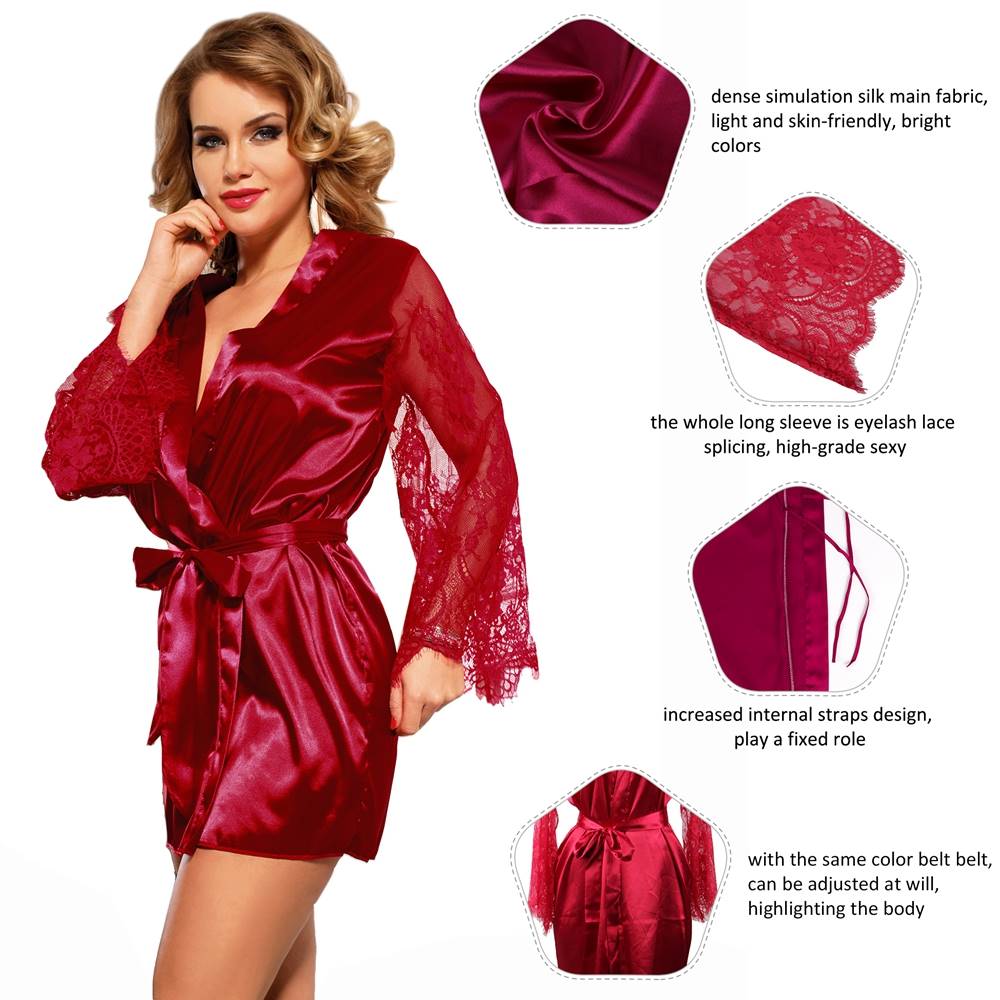 Eyelash Lace Silk Long Sleeves Sleepwear with G String Burgundy_2