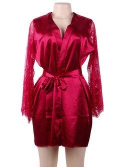 Eyelash Lace Silk Long Sleeves Sleepwear with G String Burgundy