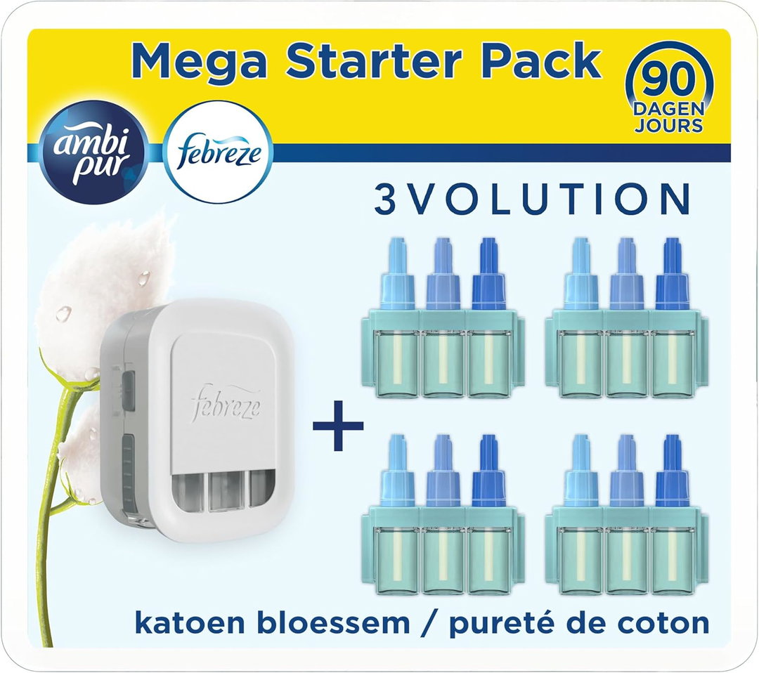 Megapack Febreze 3Volution (Prise + 4 Recharges de 20ml) Pureté De Coton, Pour Un An de Fraîcheur