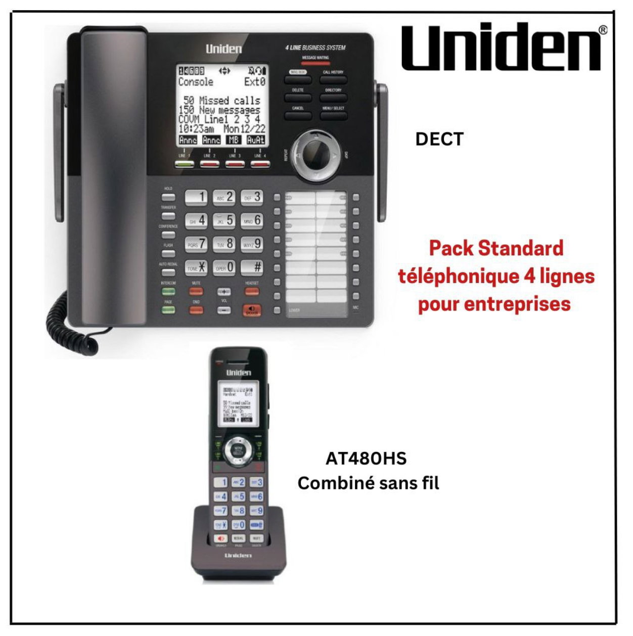 Uniden Pack Standard téléphonique sans fil 4 Lignes 1 Console Principale  AT4801 et 1 à 9 Combinés_1