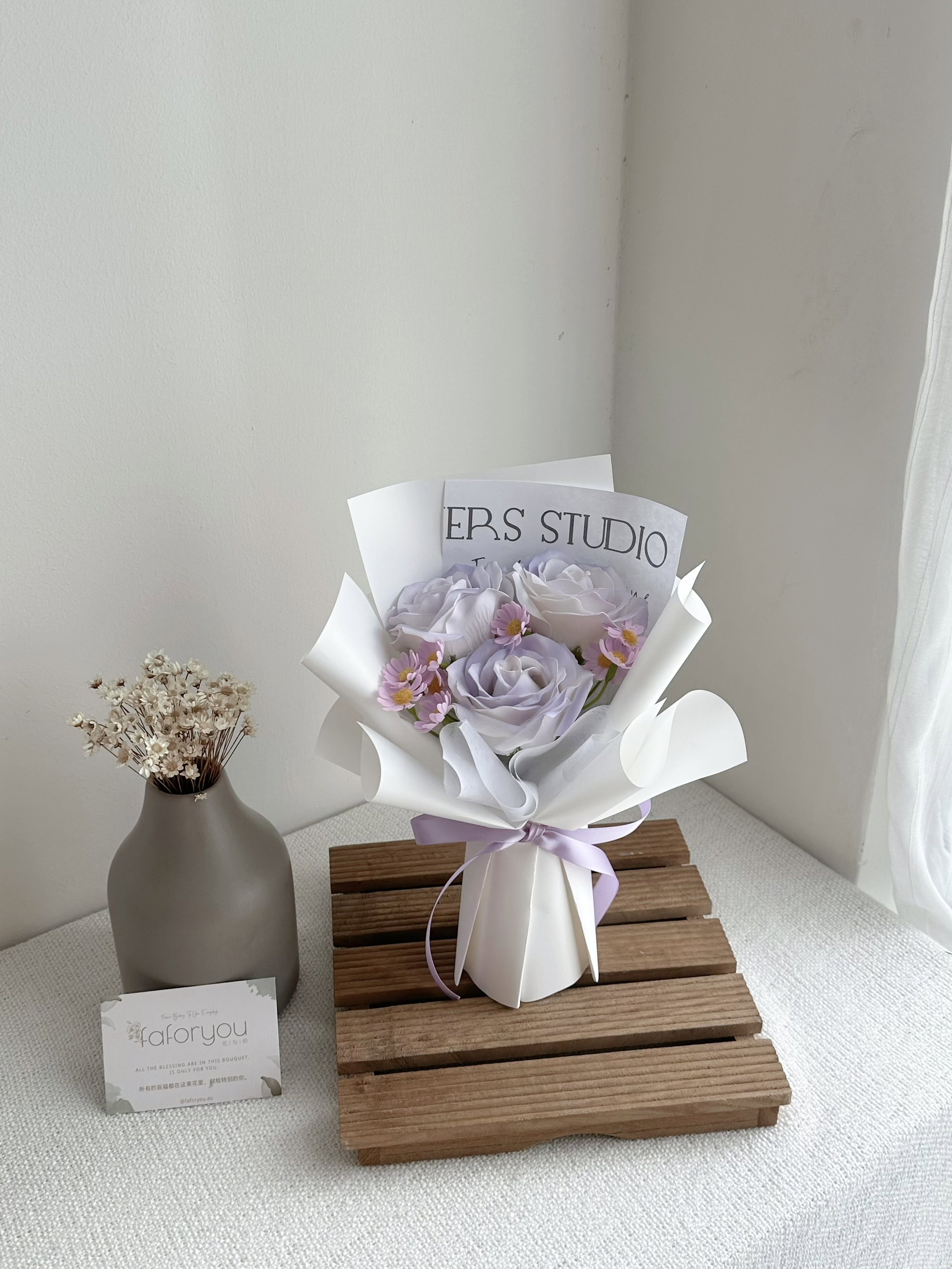 (3R008) 3 Stalk Soap Rose Daisy Bouquet _2