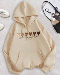 Heart & slogan graphic beige drawstring hoodie