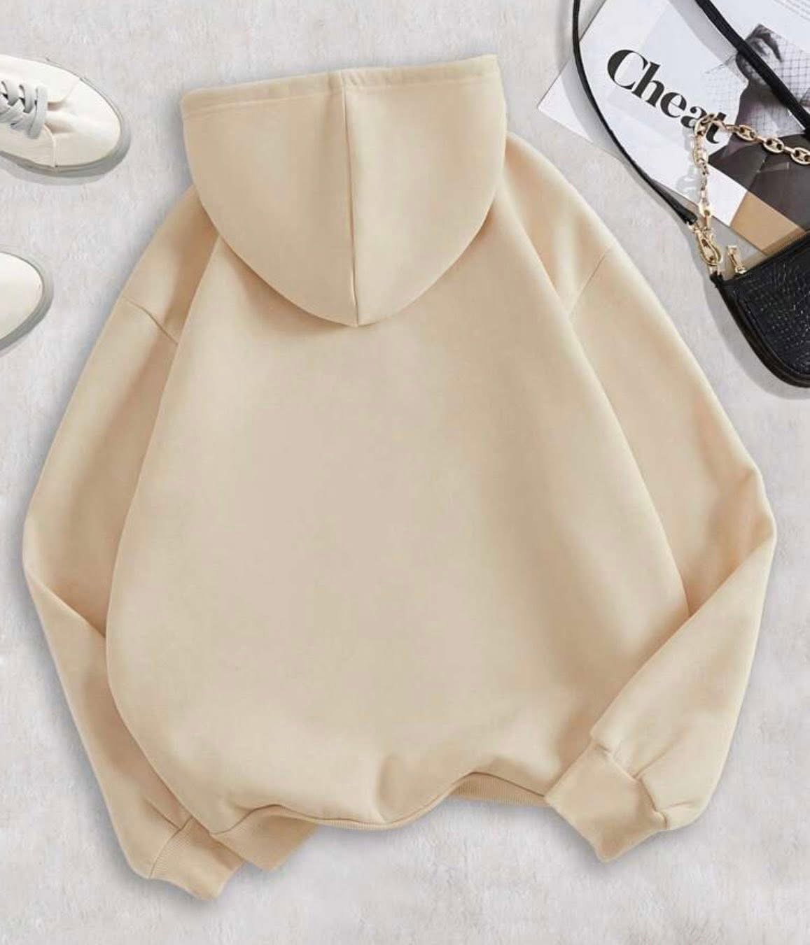 Heart & slogan graphic beige drawstring hoodie_1