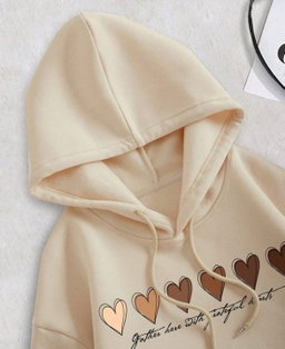 Heart & slogan graphic beige drawstring hoodie