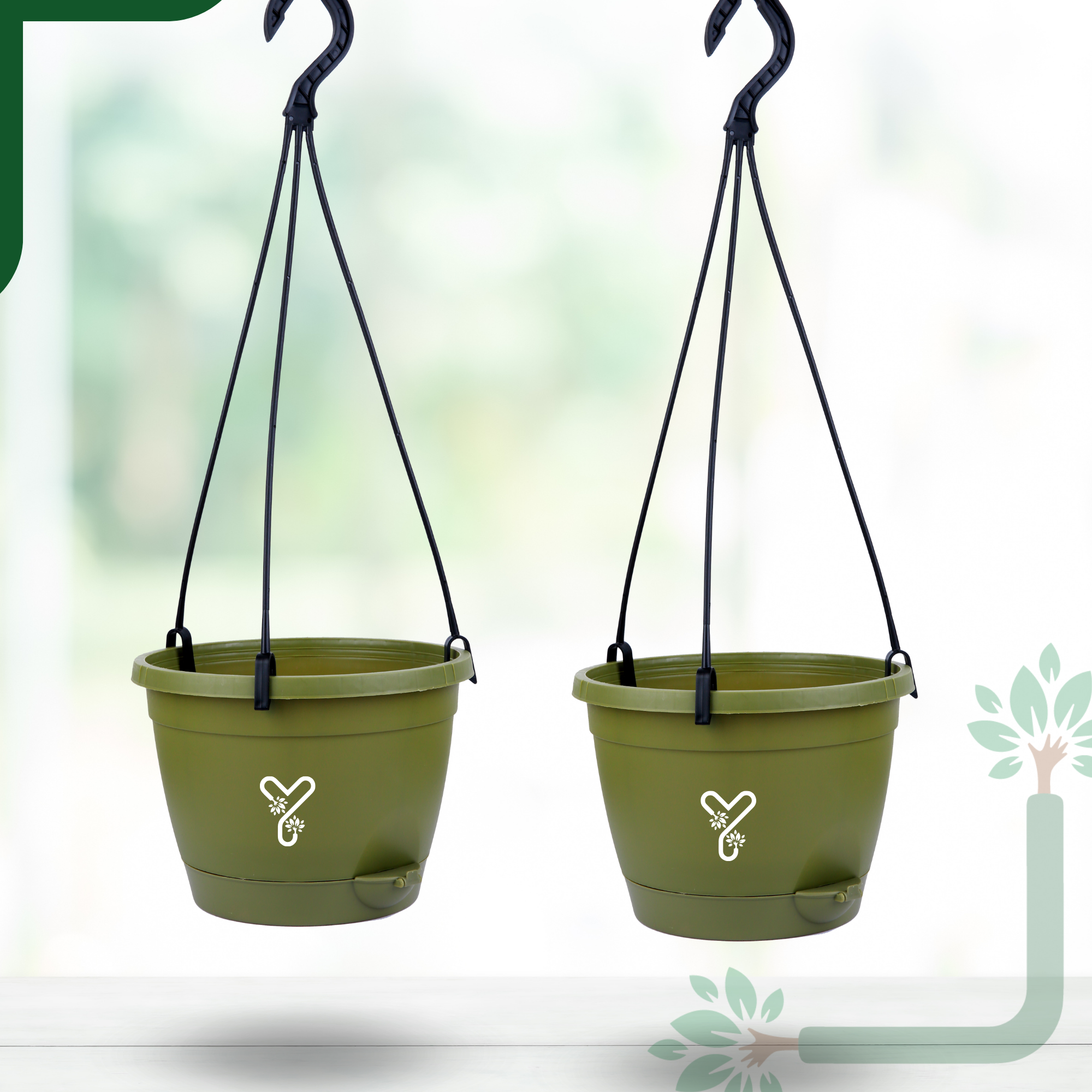 Hanging Self Watering Pot, 8inch, Vertical Hook & 12.5'' Chain | Pack of 2 | Olive _3