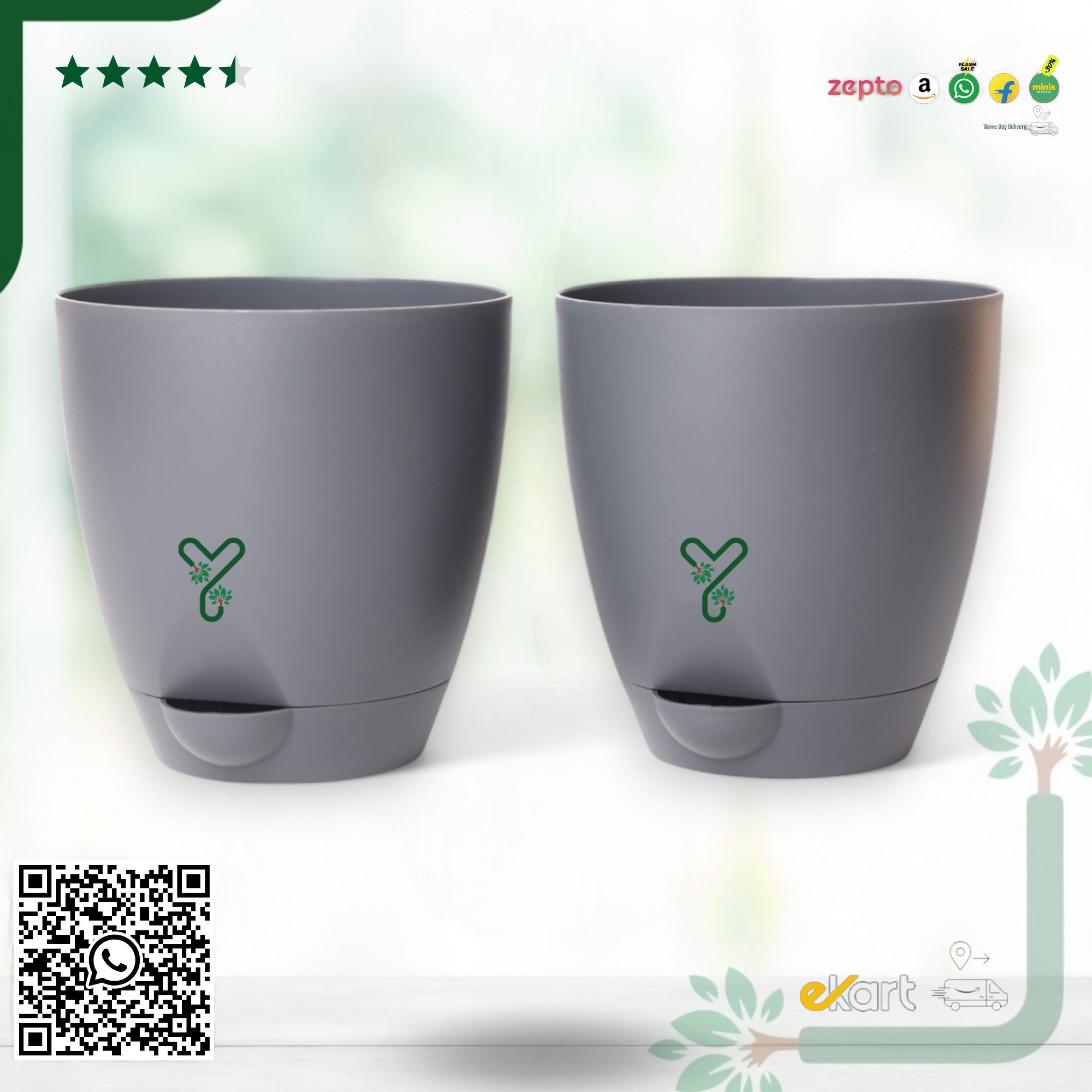 Aqua Self Watering | 5 & 7inch Pot | Pack of 2 | Grey