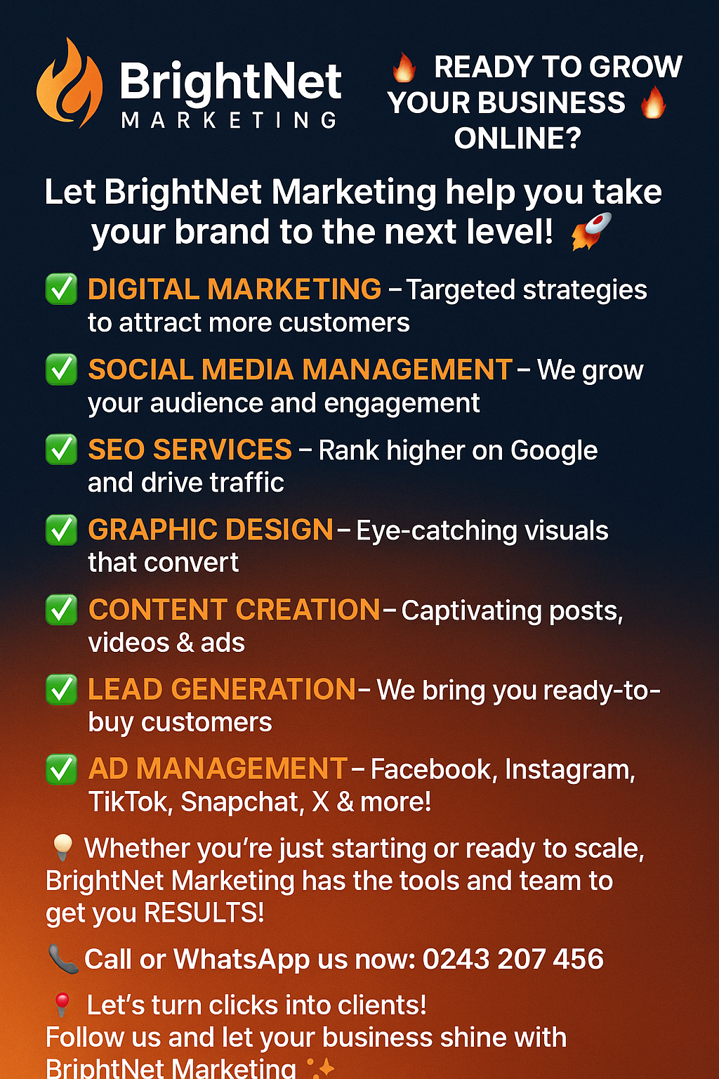 Social Media Advertising  Description: Facebook, Instagram, TikTok, and Snapchat Ads that drive real results. We handle everything from setup to success. Price: Starting from ₵300 Delivery: 2 – 4 days WhatsApp Support: ✅ Yes_0