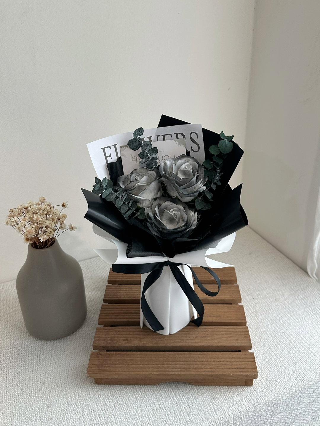 (3R014) 3 Stalk Soap Rose Eucalyptus Bouquet