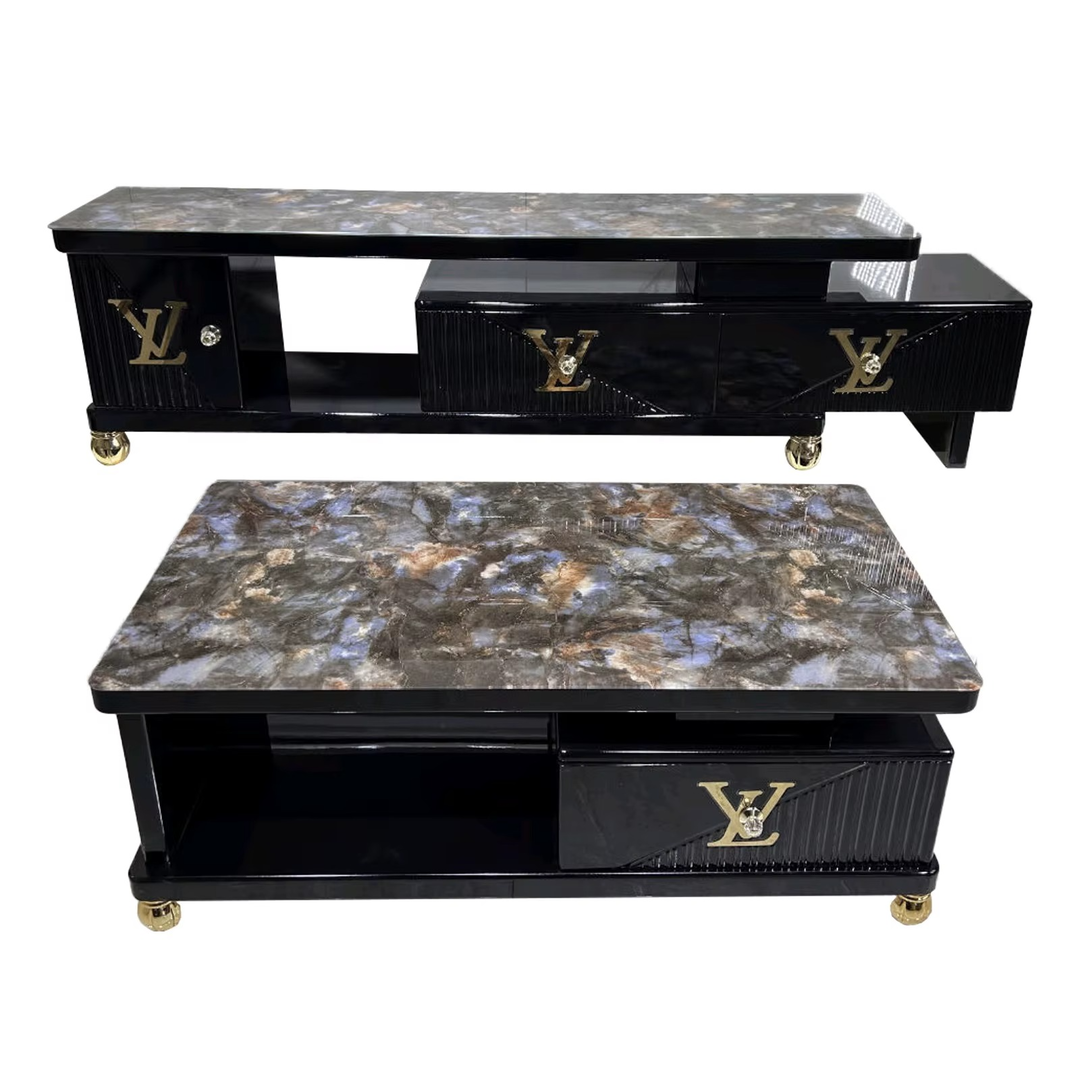 Ensemble RoyalLux – Meuble TV + Table Basse au Fini Marbré & Détails Dorés